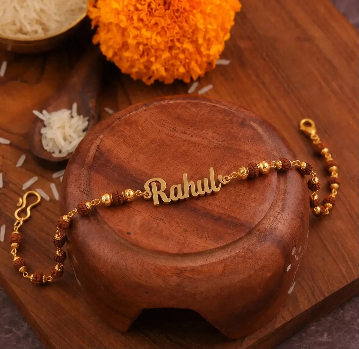 Personalized Rahul Rudraksha Bracelet Rakhi with Gold Name Plate for Brother