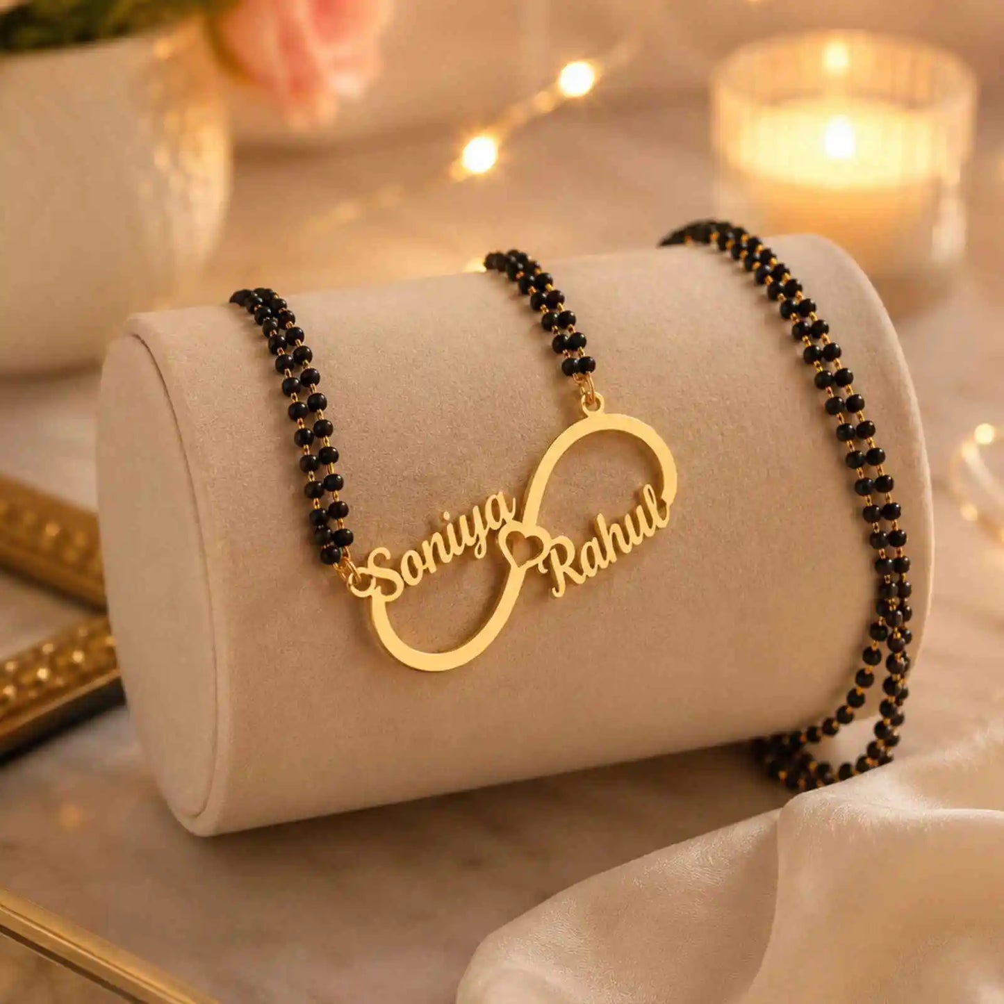 Custom gold infinity mangalsutra necklace for women with black bead chain