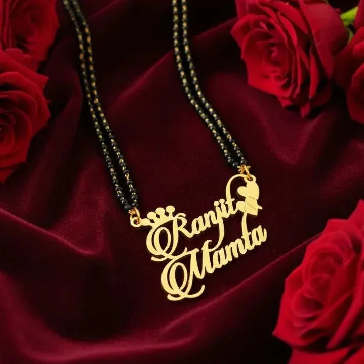 Personalized double name mangalsutra pendant on red roses background – custom couple jewelry
