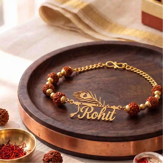 Morpank Rudraksha Name Rakhi with Gold Custom Name Charm for Brother