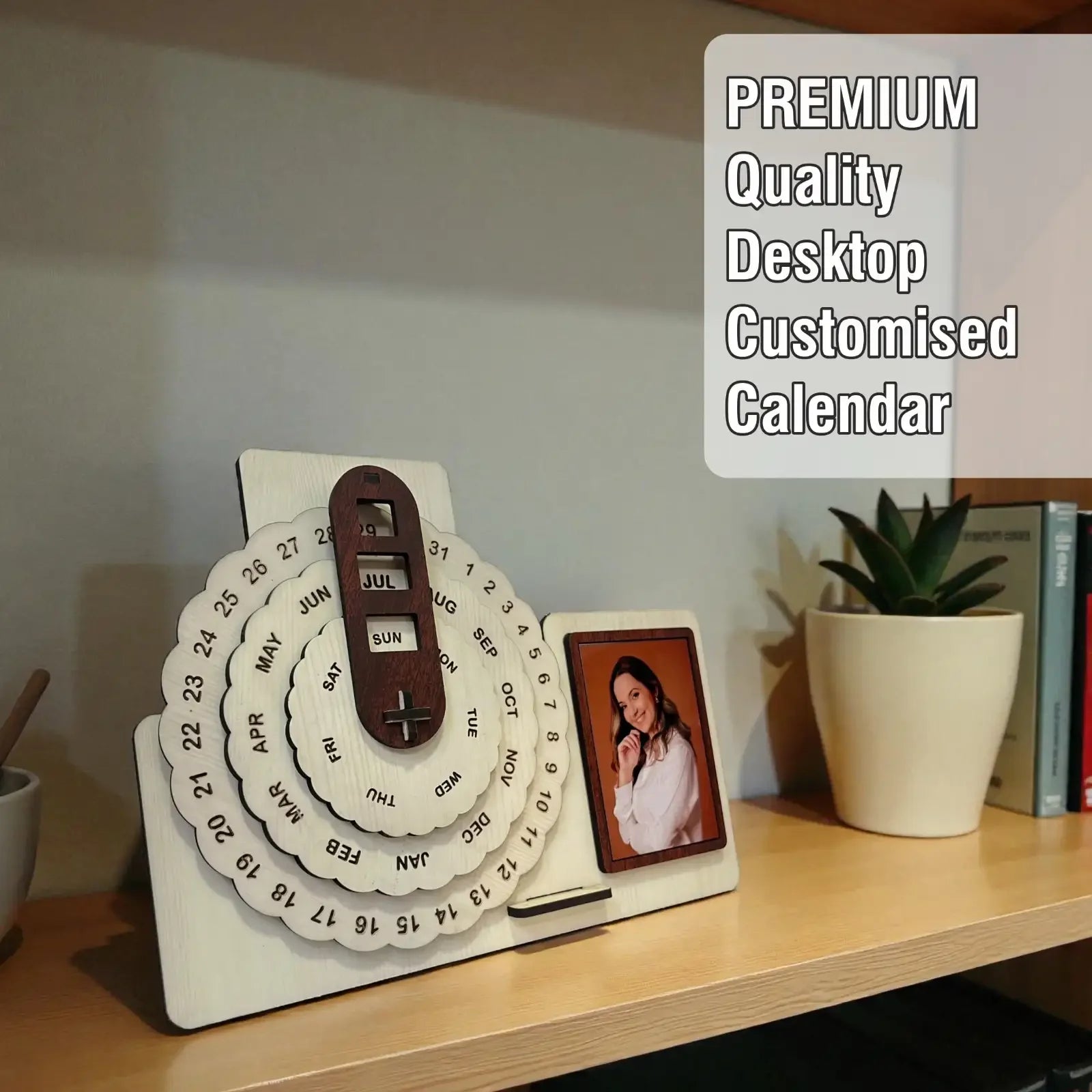 Personalized wooden desk calendar with photo display