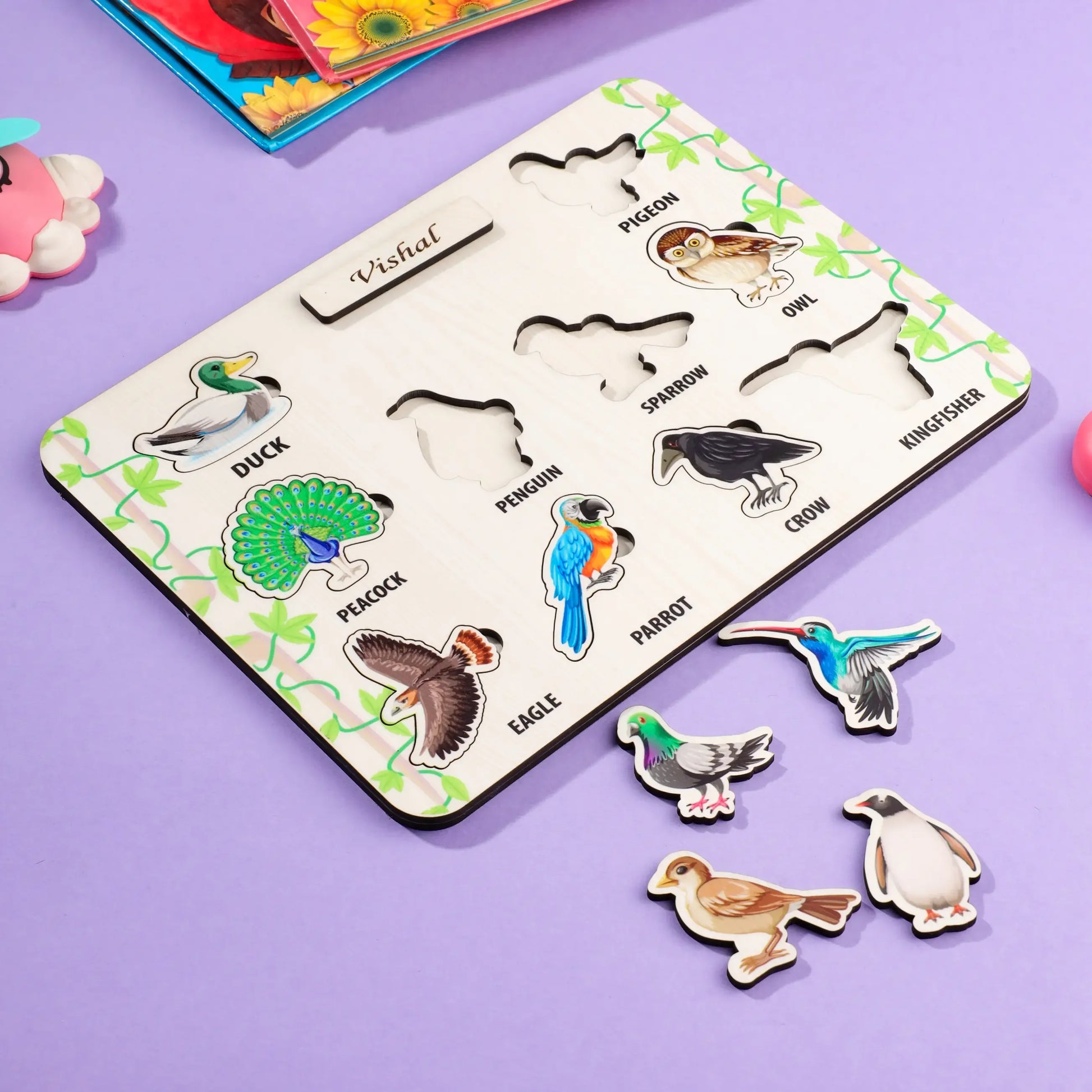 Personalized Wooden Bird Puzzle Game Board for Kids – 10 Bird Shapes Learning Toy - Precious Art Gifts