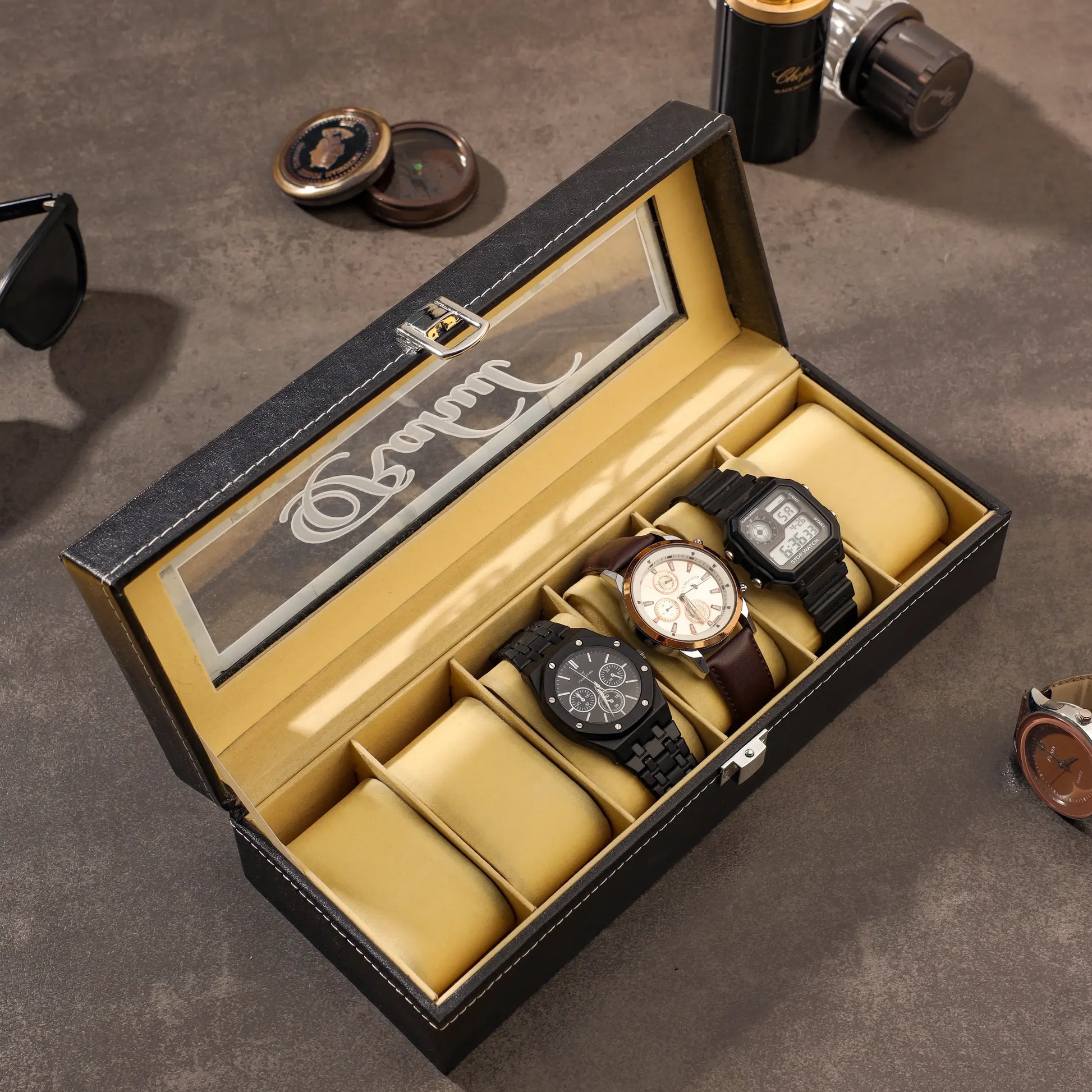 Custom 6-Slot Large Watch Box Organizer for Watches & Accessories - Precious Art Gifts