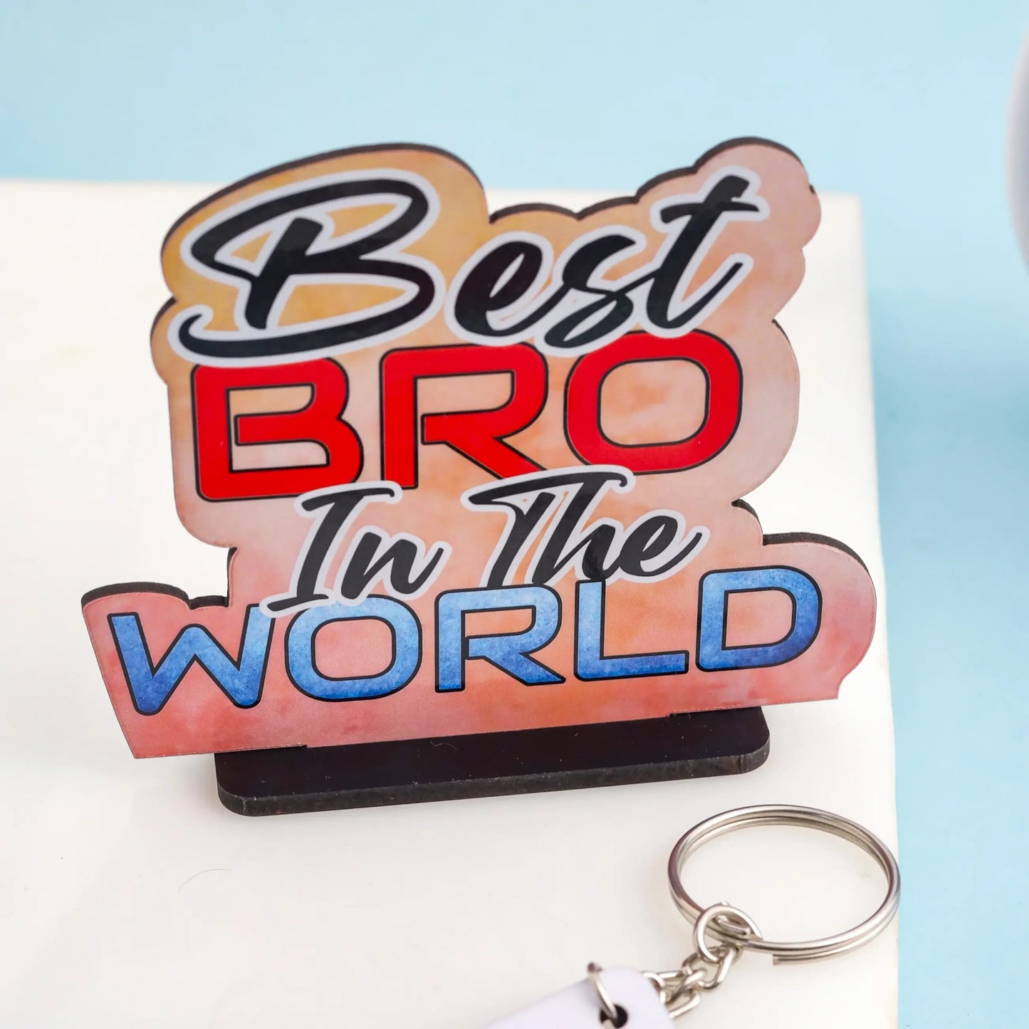 Rakhi Gift Combo for Brother – Mug, Keychain, Rakhi & Wooden Cutout - Precious Art Gifts