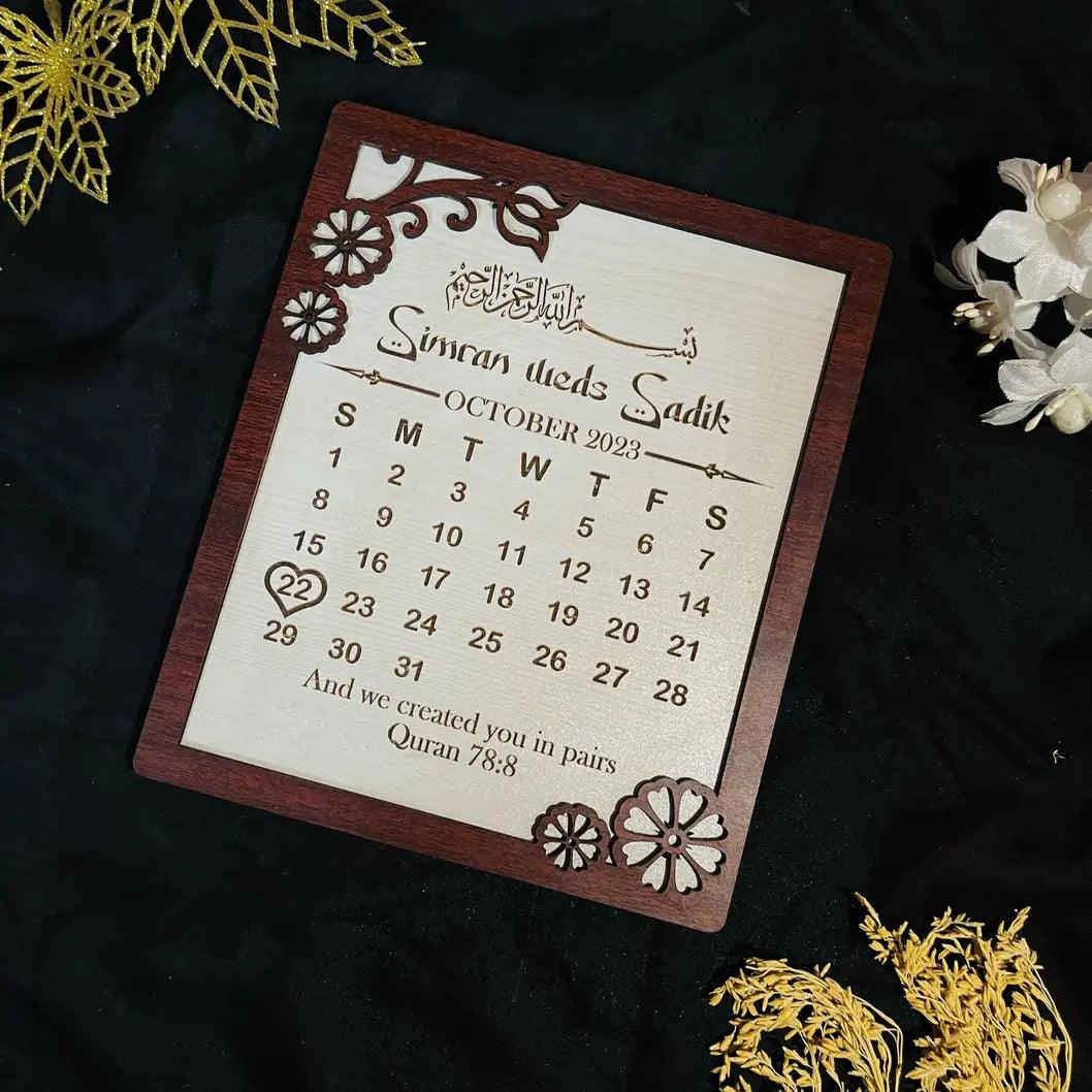 Personalized Nikah Wedding Wooden Calendar Frame| Sadik and Simran - Precious Art Gifts