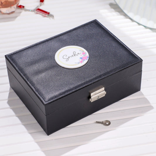  Personalized black rectangle jewelry box with name tag and lock