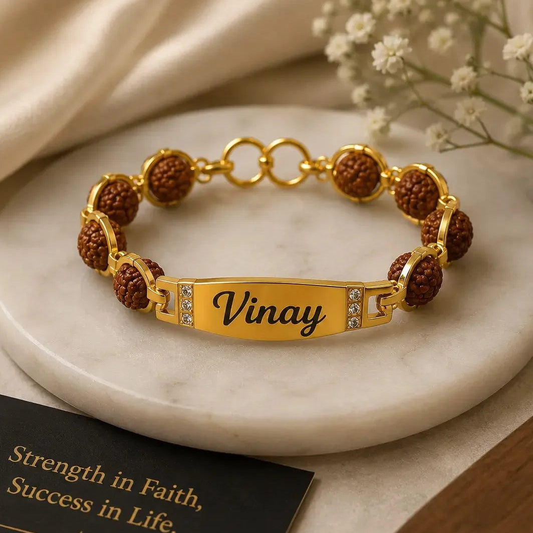 Custom gold name Rudraksha Rakhi Bracelet for Raksha Bandhan.