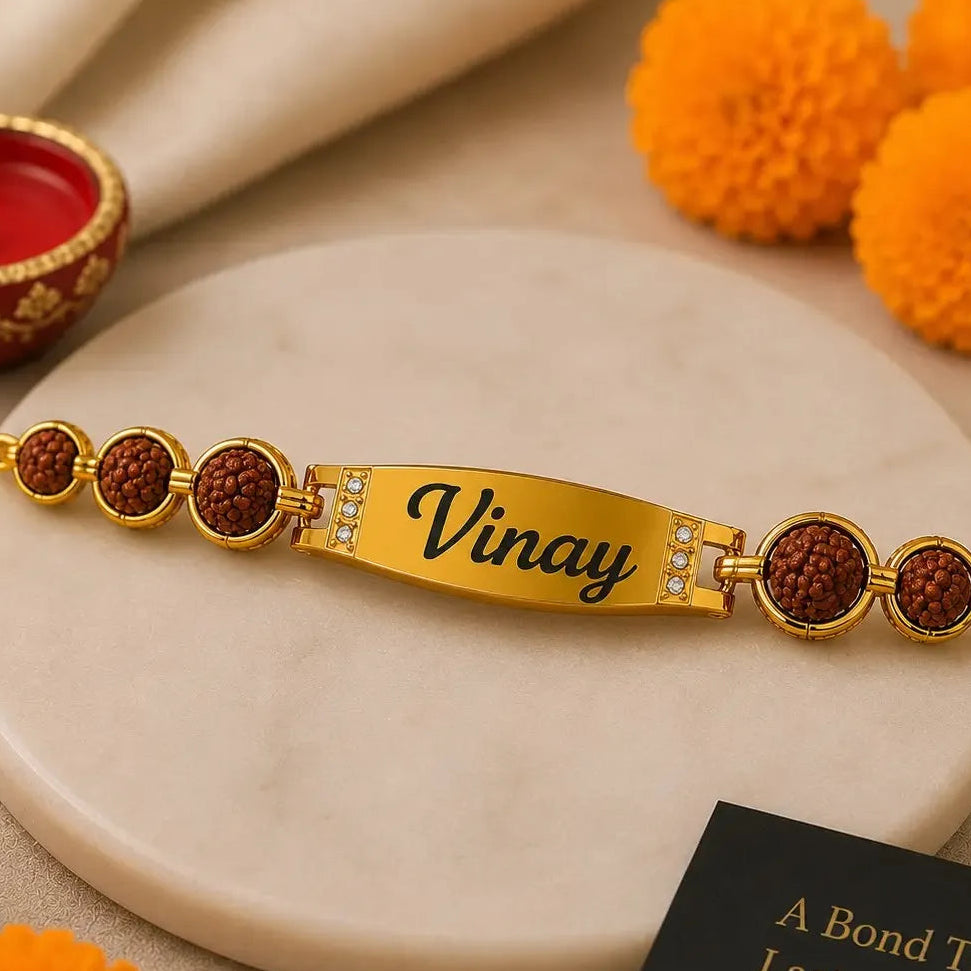 Name engraved Rudraksha Rakhi Bracelet with gold finish for brother.
