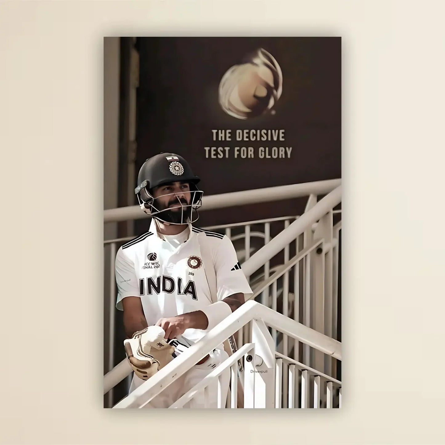 Cricketer in India jersey with helmet and gloves, standing against a dark background with text.