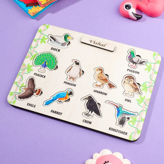 Personalized wooden bird puzzle board with 10 bird shapes for kids
