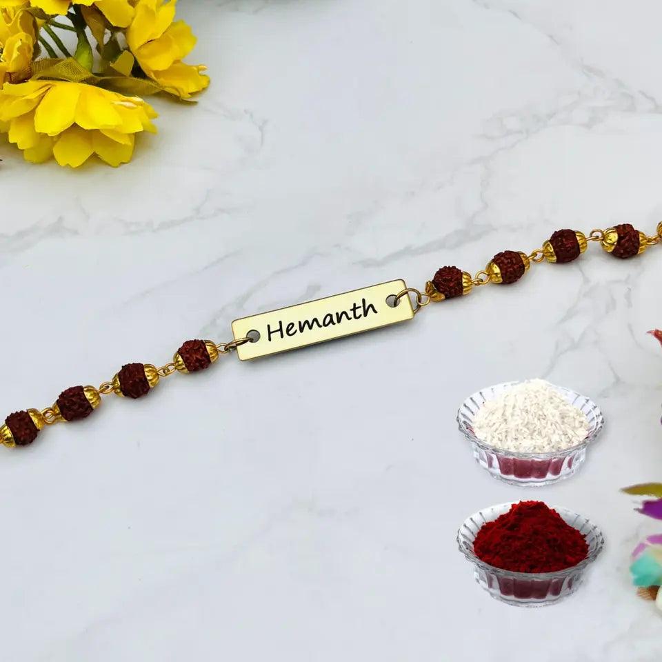 Engraved Metal Name Rudraksh Rakhi for Brother - Precious Art Gifts