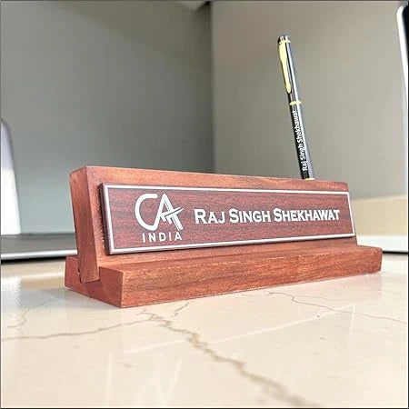 Customized Wooden CA Desk Plate with Pen Stand for Chartered Accountant Office