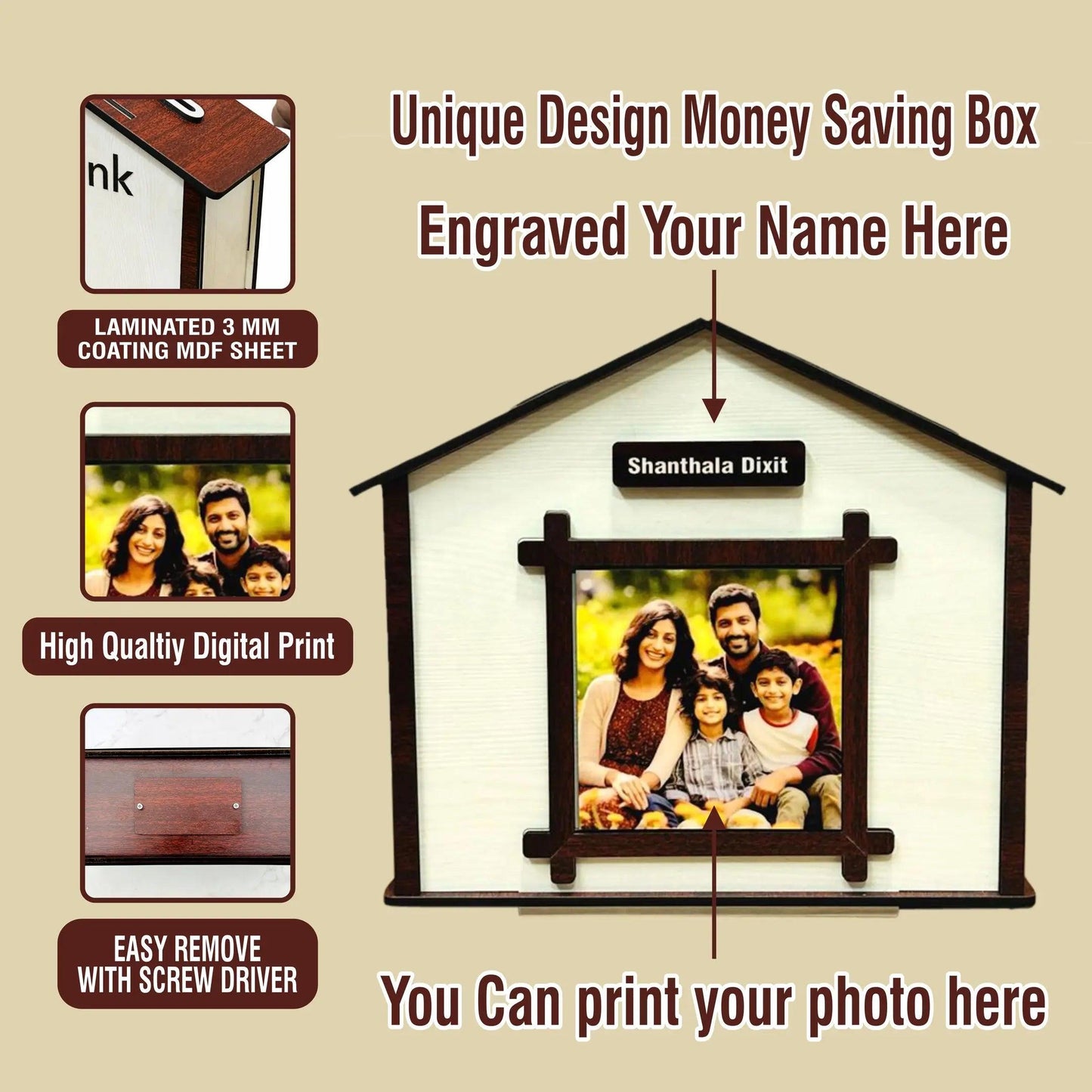 Personalized Wooden Hut Piggy Bank with Name and Photo