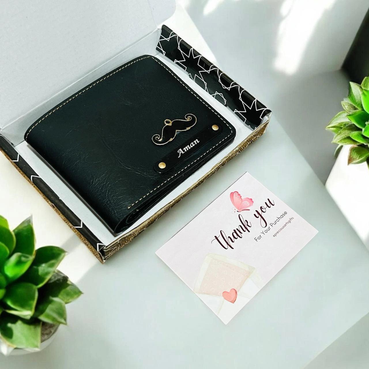 Personalized black leather wallet for men with name and charm

