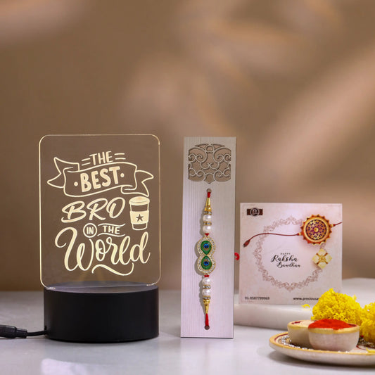 Best Bro in the World Rakhi gift hamper with LED lamp and designer rakhi – front view