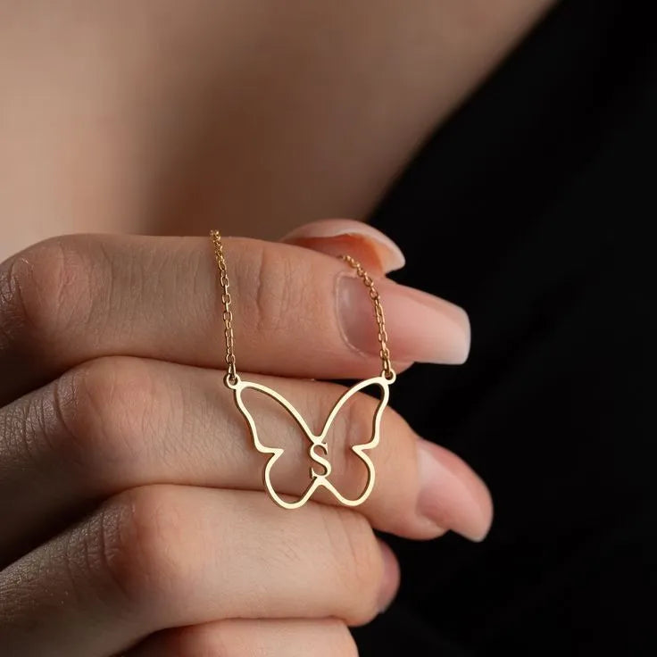 Personalized butterfly initial necklace with golden letter pendant for women