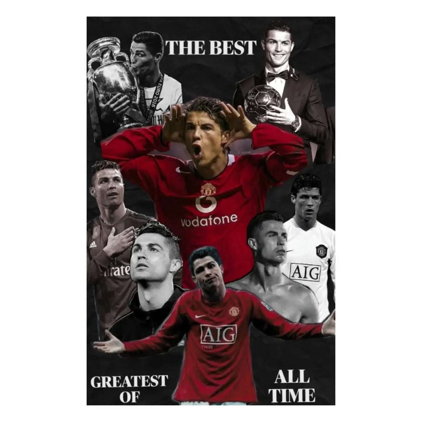 Collage of a soccer player in a red jersey with text 'The Best, Greatest of All Time' on a black background.