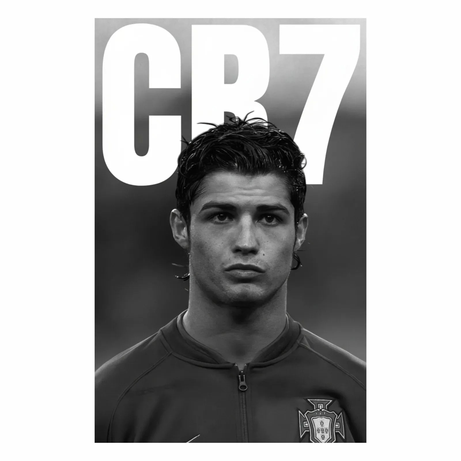 Black and white portrait of a soccer player with 'CR7' text on a gray background