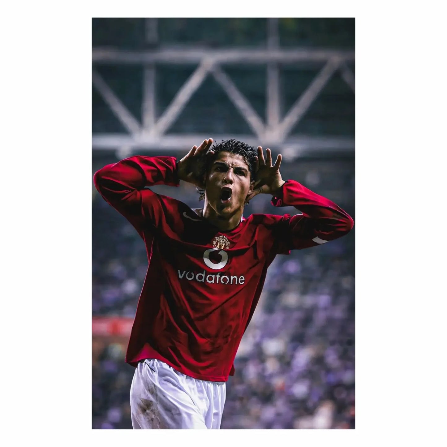 CR7 Soccer player in a red jersey with 'Vodafone' logo on a stadium background