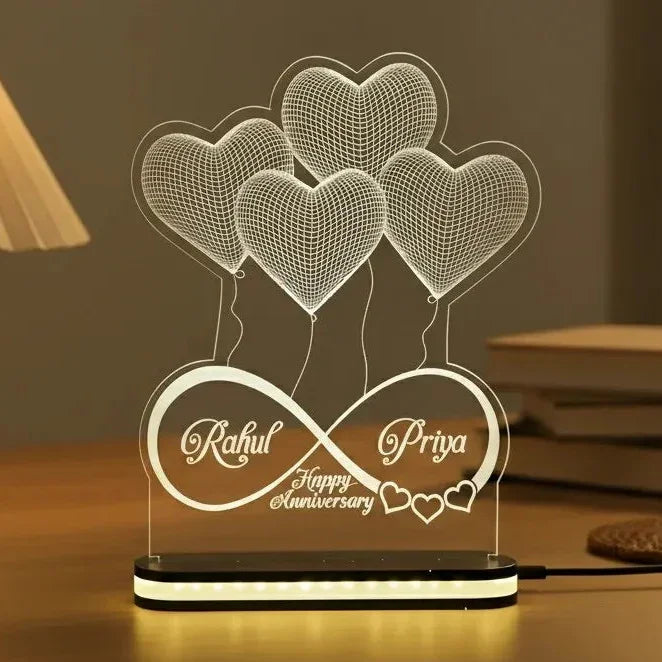 3D heart illusion lamp placed on table in cozy room – romantic gift idea