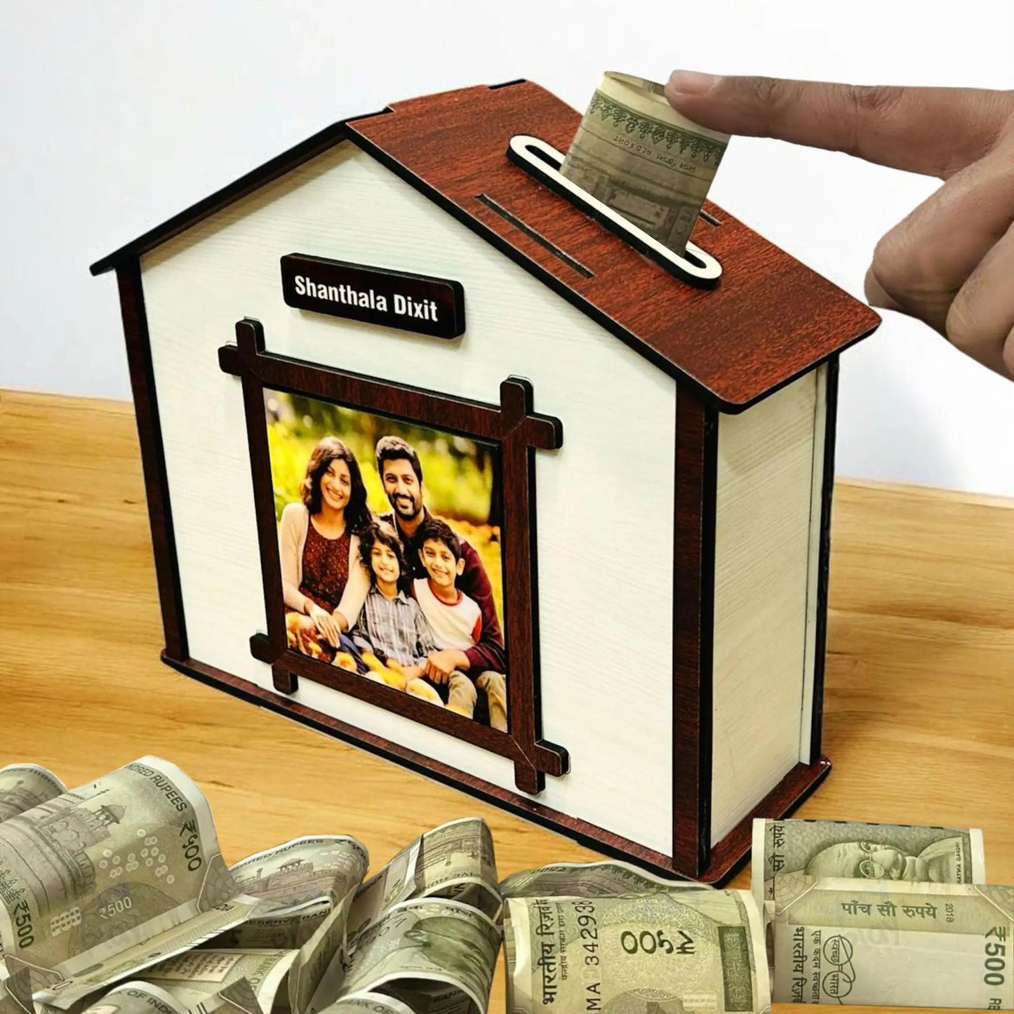 Hut-Shaped Wooden Photo Saving Box – Custom Name & Picture - Precious Art Gifts