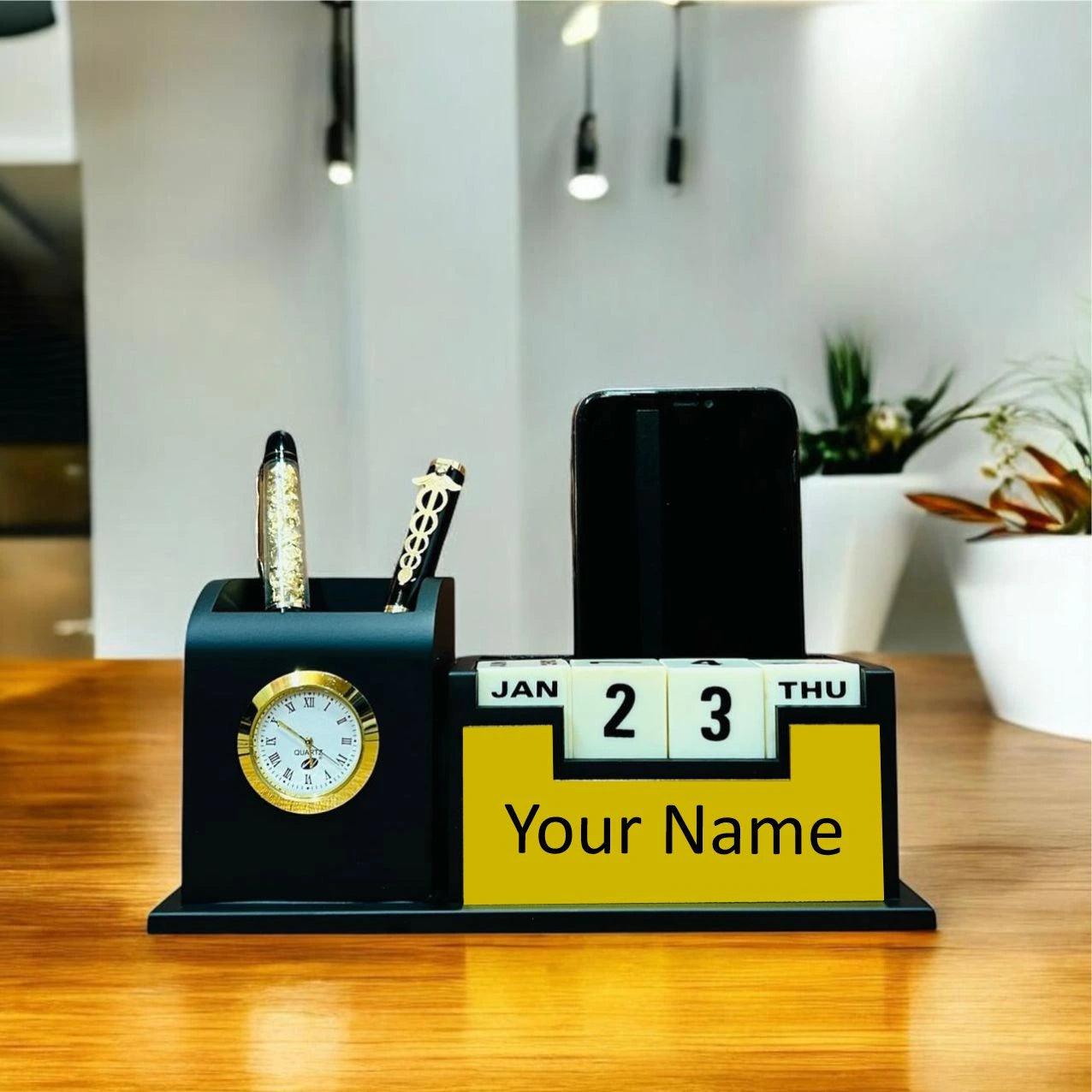 Personalized Desk Organizer with Clock, Calendar, Pen & Mobile Stand - Precious Art Gifts